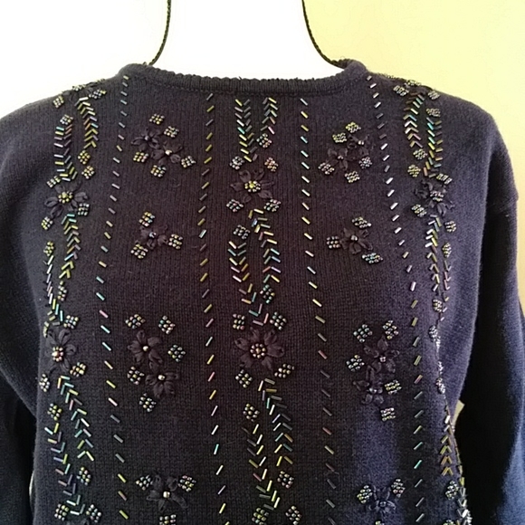 Victoria Jones Beaded Floral Tunic Sweater L Navy Blue - Picture 13 of 16